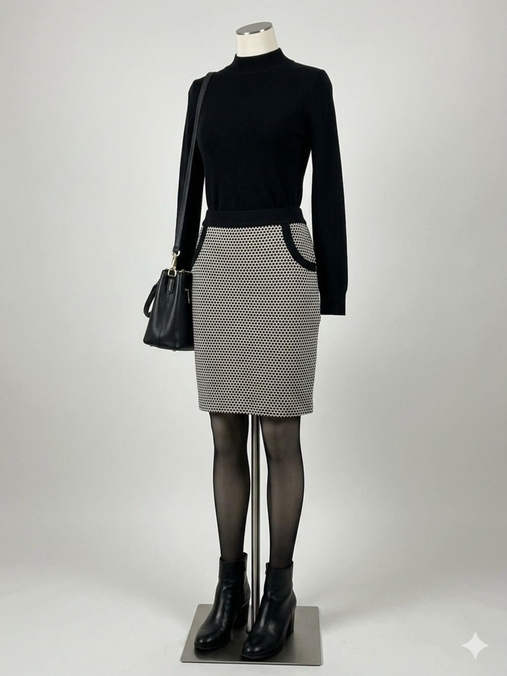 Merona Black White Polka Dot Knit Pencil Skirt Knee Length Zip Pockets 14